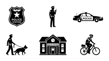 Police Icons Set: Station, Officer, Car, K9 Unit, Bicycle Patrol, Law Enforcement Graphics © Zara