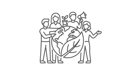 Obraz premium Professional Line Drawing of Diverse Group of People Collaborating Around a Globe with Plant Symbolizing Global Teamwork and Sustainability