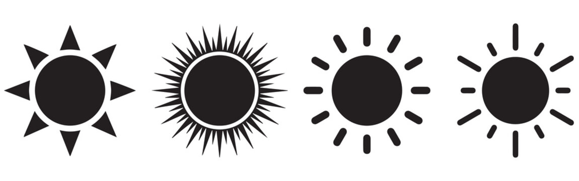 Sun icon set black circle with triangular pointed rays, rounded dash rays and elongated stroke rays in different styles. Weather and nature symbols sunshine, brightness and summer flat logo vector