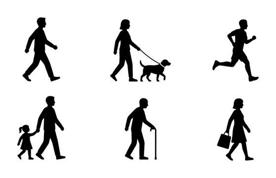 Diverse Human Silhouettes: Walking, Running, Dog Walker, Child, Elderly, Shopper Icons