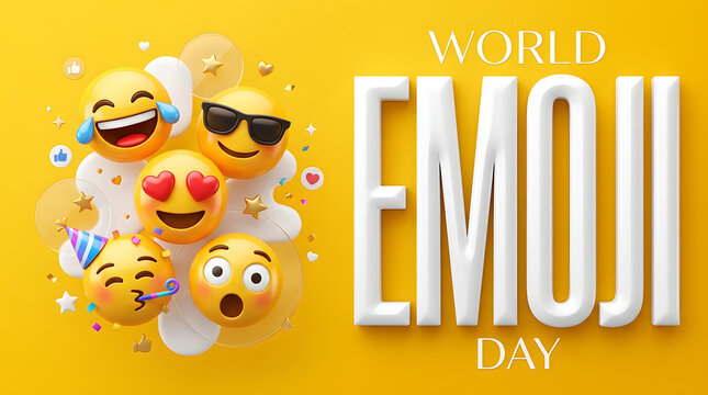 World emoji day celebration with group of 3D yellow emoticons on bright yellow background, emoticon