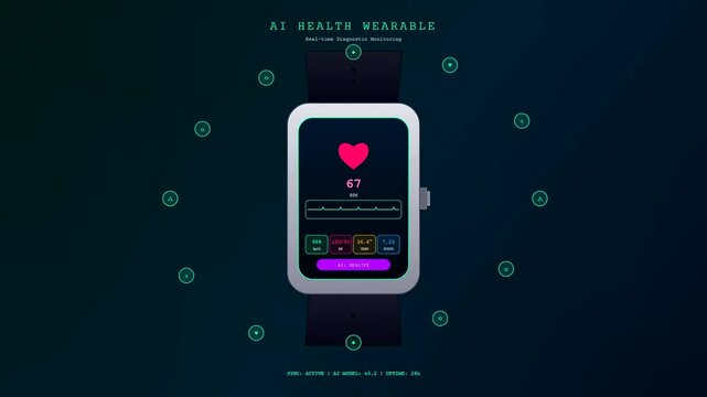 This innovative AI medical diagnostics interface on a smartwatch tracks real time heart rate and vital signs for advanced health monitoring and personalized wellness tracking.