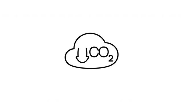 Minimalist outline animation of carbon emission reduction co2 cloud decrease arrow icon drawing on and fading out. Features a clean pop up style in 3 color setups.