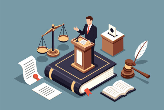 Legal justice system isometric concept with a male lawyer at a podium surrounded by a gavel scales and law books.