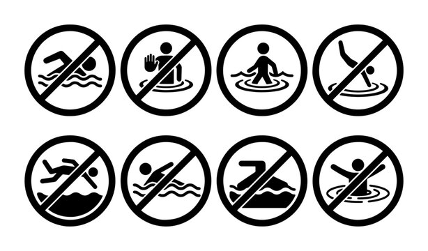 No Swimming Icons Set, Water Safety Signs, Prohibition Symbols, Pool Rules, Beach Warnings, Aquatic Activity Restrictions