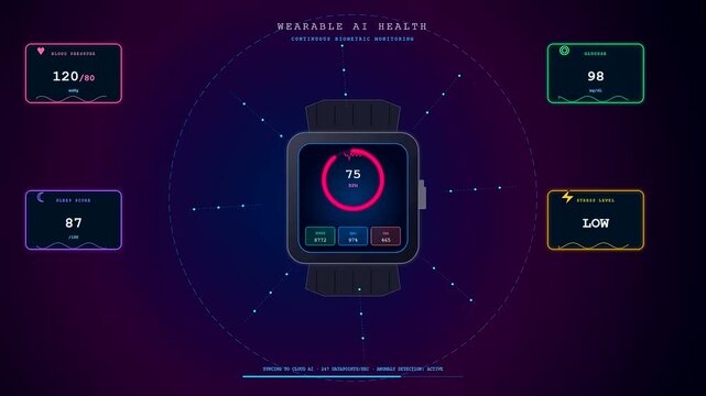 High tech wearable device featuring advanced AI Medical Diagnostics capabilities displays continuous biometric monitoring of vital signs on a dark futuristic digital health dashboard interface.