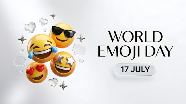 World emoji day celebration greeting with smiling emoticons and sparkling star icons, emoticon