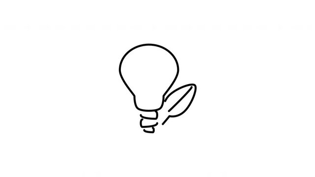 Minimalist outline animation of efficient eco lamp light bulb with green leaf icon drawing on and fading out. Features a clean pop up style in 3 color setups.
