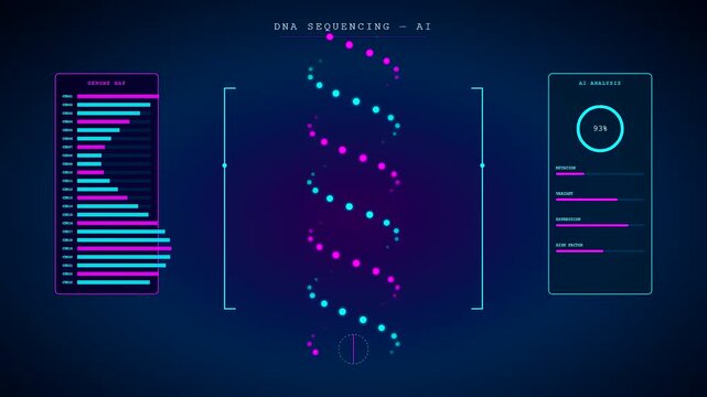 Advanced AI Medical Diagnostics software visualizes a rotating DNA double helix model while processing complex genetic sequencing data on a futuristic glowing blue digital interface screen