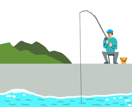 堤防で海釣りをする男性のベクターイラスト