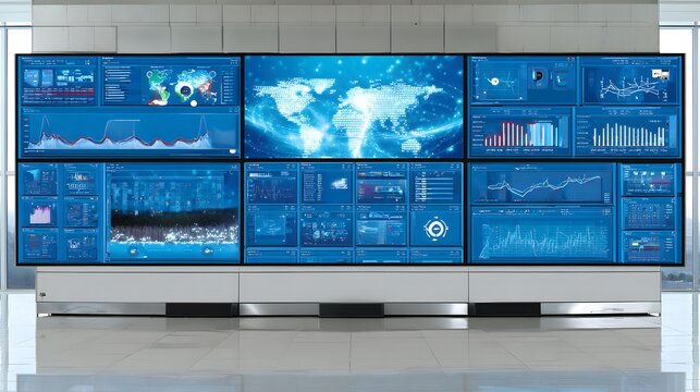 modern meeting room with interactive smart wall displaying analytics and charts
