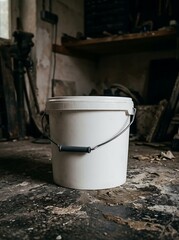 Fototapeta premium Large white plastic bucket in a dark rustic workshop environment