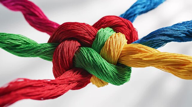 ​A close-up studio shot showcasing vibrant, multi-colored threads intricately braided and knotted together against a clean, bright background