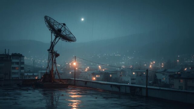 Satellite dish on a wet rooftop during a rainy night with city lights in the background
