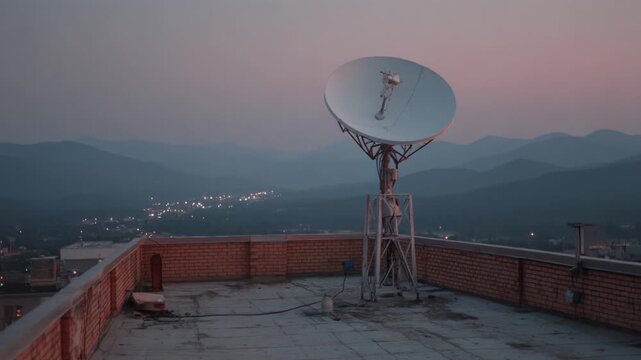 Rooftop satellite dish antenna transmitting data over a mountain valley cityscape at dusk