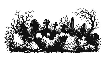 Obraz premium Helloween Black silhouette graveyard, spooky cemetery scene, Halloween vector, tombstones and trees vector