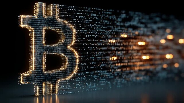 Bitcoin cryptocurrency symbol formed by binary code dissolving into a stream of glowing particles