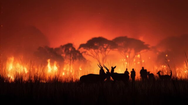 Silhouettes of people and animals watching a devastating forest fire in the african savanna at night