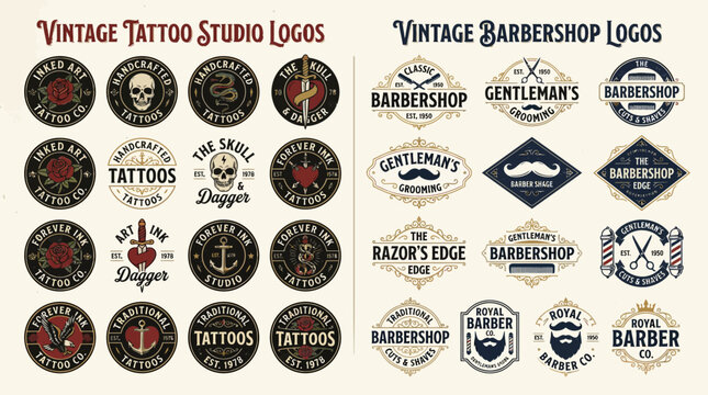 A collection of vintage style emblems for tattoo studios and barbershops