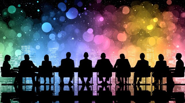 brainstorming with colorful digital ideas forming in the air above a conference table
