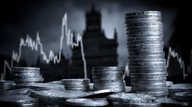 landscape where skyscrapers are formed from stacked coins and digital graphs under a dramatic sky