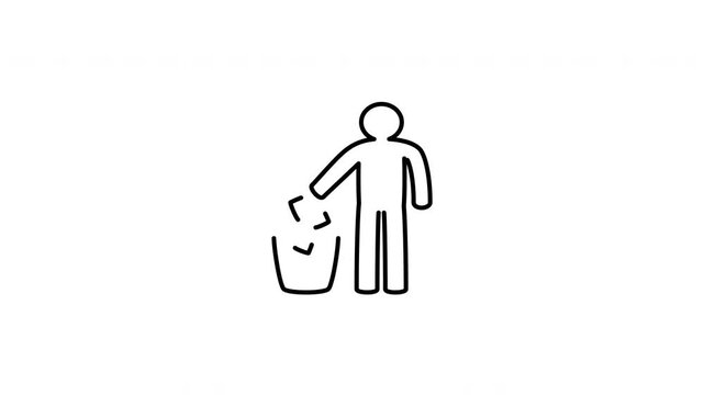 Minimalist outline animation of responsible human throwing waste trash disposal basket icon drawing on and fading out. Features a clean pop up style in 3 color setups.