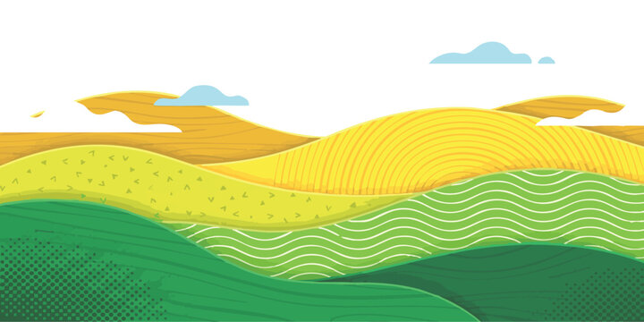 Abstract rolling green hills landscape with flat waves and simple clouds in a bright sunny summer day view