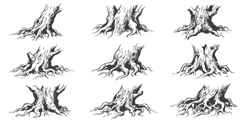 Set of hand drawn tree trunks with exposed roots collection for nature design elements and forest illustration © ZenVectors
