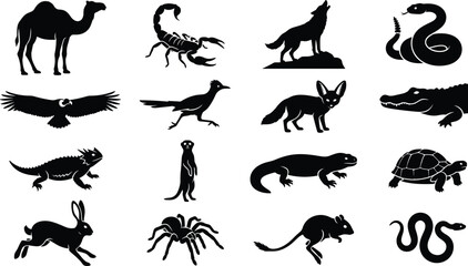 Obraz premium Wild Desert Animals Silhouette Vector Icon Set Featuring Camel, Scorpion, Coyote, Snake, Eagle, Fennec Fox, Lizard, and Meerkat for Nature Graphic Designs