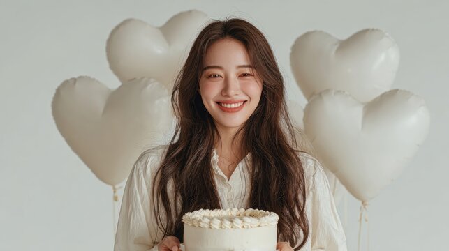 Happy young woman with balloons,teenage girl with closed eyes sits before cake,playful in birthday party,Eighteen year old girl,celebrate concept.