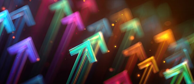 Blurry neon arrows in vibrant colors ascend against a dark, sparkling background