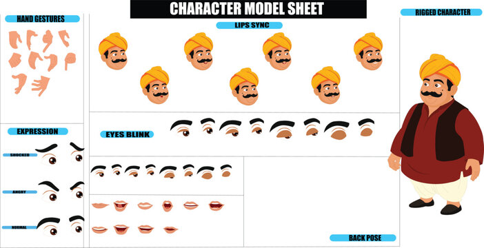 Indian Village Wealthy Landlord Zamindar Sprite Sheet | Rigged 2D Character with Lip Sync, Walk Cycle, Eye Blink, Eyebrow Expressions, and Hand Sync | Ready-to-Use for Animation
