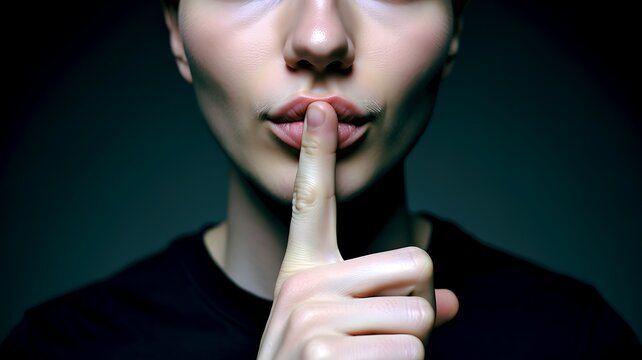 Woman making silence gesture with finger over lips on dark background
