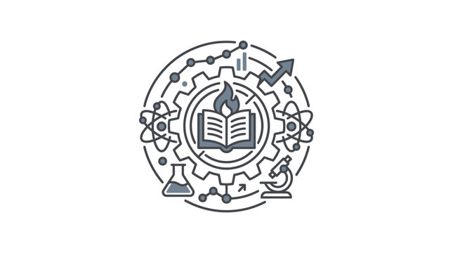 Dynamic of Knowledge Science and Innovation with Book Flame and Tech Elements in Monochrome with high quality professional line art symbols for modern creative design and digital branding projects