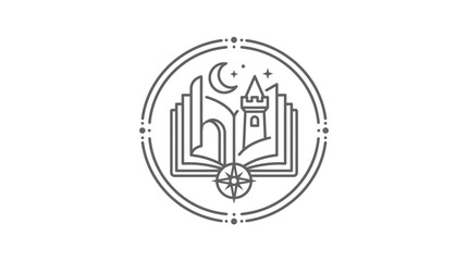 Obraz premium Creative Minimalist Black and White Fantasy Book Castle Compass Emblem Design for Digital Media