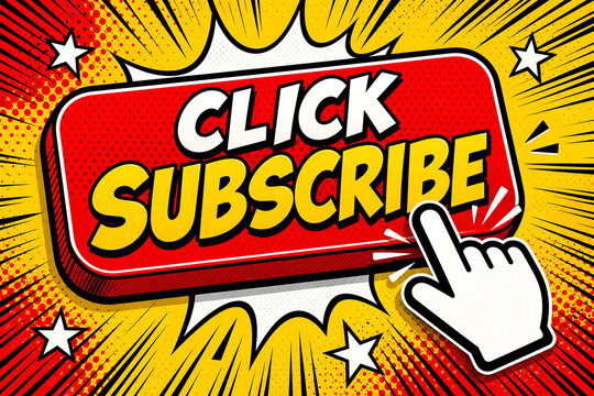 A hand cursor clicks subscribe button with comic explosion