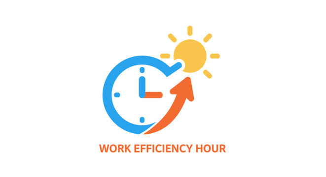Efficiency concept image with clock, sun, and arrow for improved productivity and work