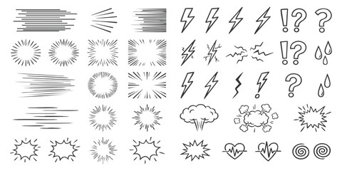 Set of hand drawn comic book effect elements like speed lines lightning bolts explosions and symbols for design © ZenVectors