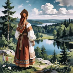 A woman in national dress admires the great Russian expanses. © sv_production