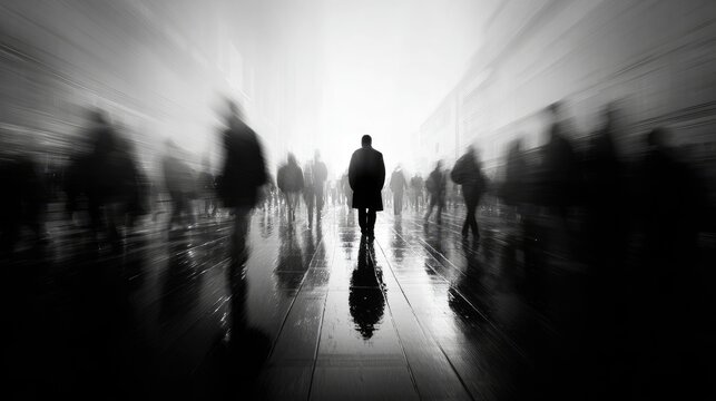 Silhouetted figure walks towards bright light amidst blurred crowd on wet path