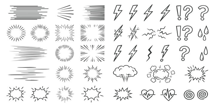 Set of hand drawn comic book effect elements like speed lines lightning bolts explosions and symbols for design