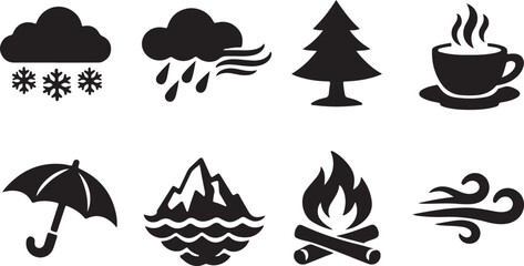Black winter weather silhouette icon collection with snow, ice, wind, cloud and seasonal symbols set. © mstsalha