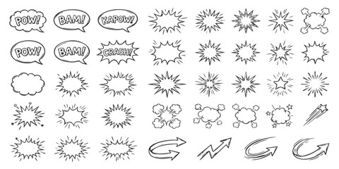 Collection of hand drawn comic book speech bubbles explosion shapes and action arrows for graphic design © ZenVectors