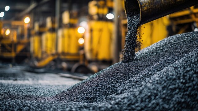Molten dark material pours into a vast industrial heap in a dimly lit facility