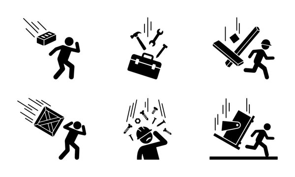 Workplace Safety Icons: Falling Objects, Tools, Construction Accidents, Hazard Symbols