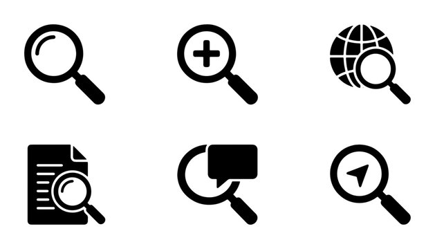 Magnifying Glass Icons Set, Search and Discovery Symbols, Research Tools, Navigation and Analysis Graphics
