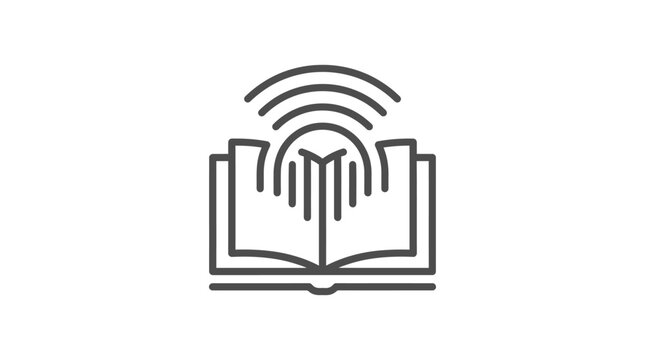 Sleek Monochrome Line Art Icon of an Open Book with Wi Fi Signal Bars Embodying Digital Learning and Knowledge Sharing