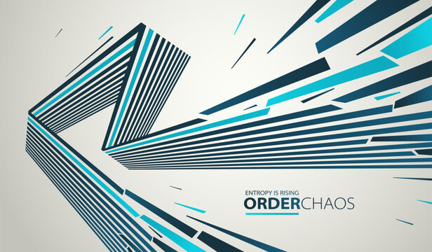 Debris particles exploding in chaos vector abstract background, entropy is rising to decay and disorder, elements flying in motion, 3D wallpaper.