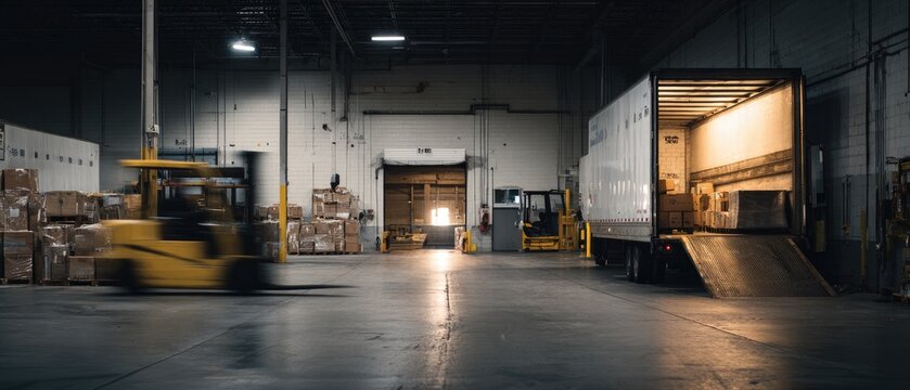 Forklift and truck loading goods inside a dimly lit warehouse