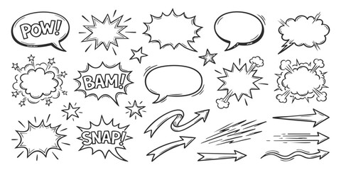 Set of hand drawn comic book speech bubbles and arrows with sound effect expressions for graphic design © ZenVectors